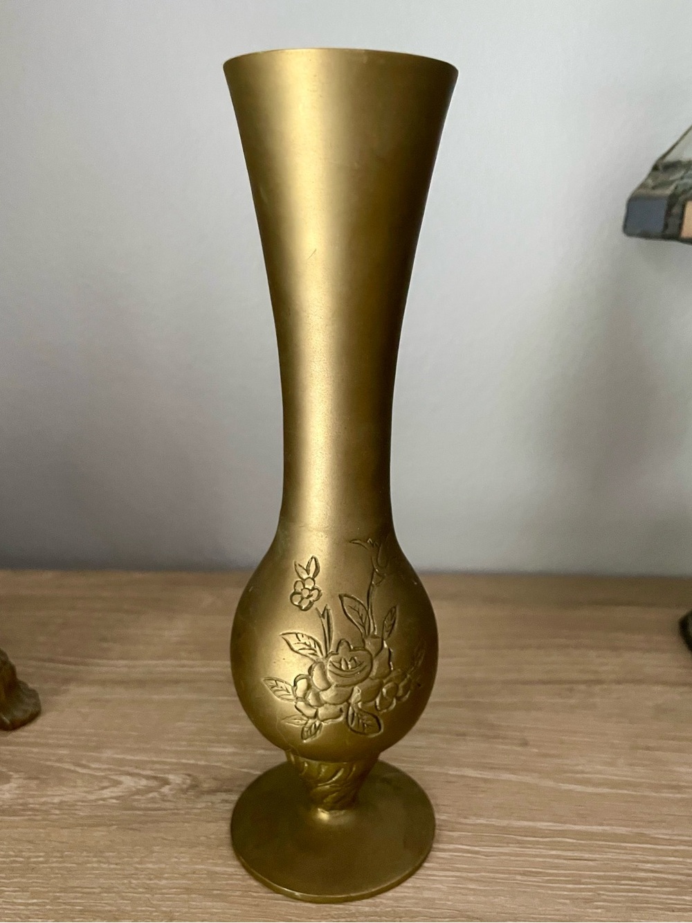 Vintage Floral Etched Brass Bud Vase